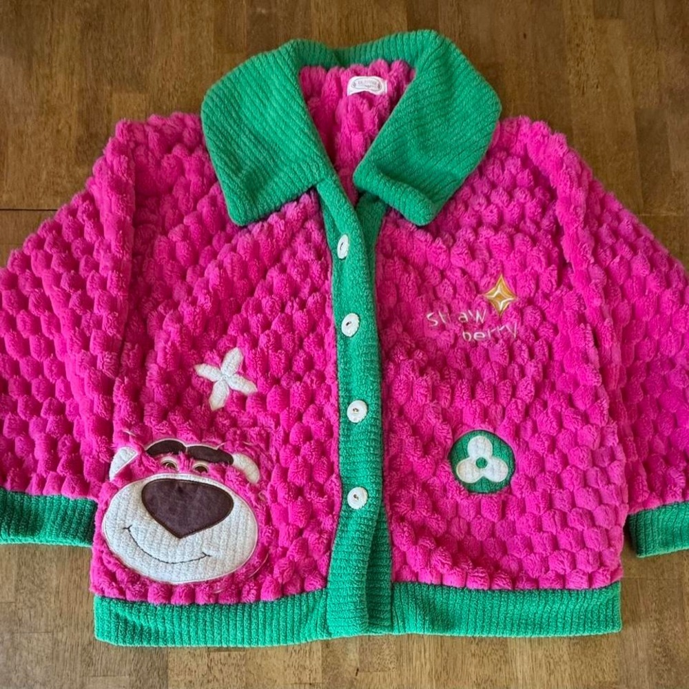 Disney Pixar Lotso Character Bear Strawberry Buttoned‎ Hot Pink Unique Sweater